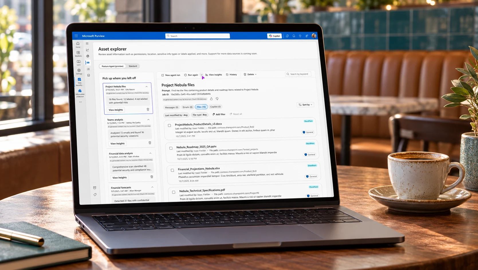 Laptop showing the Posture Agent investigation workspace at a coffee shop