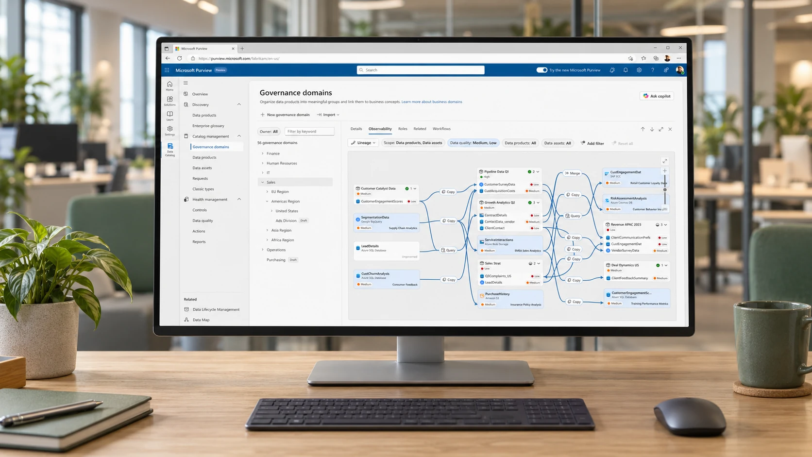 Monitor displaying data lineage in a modern open-plan office